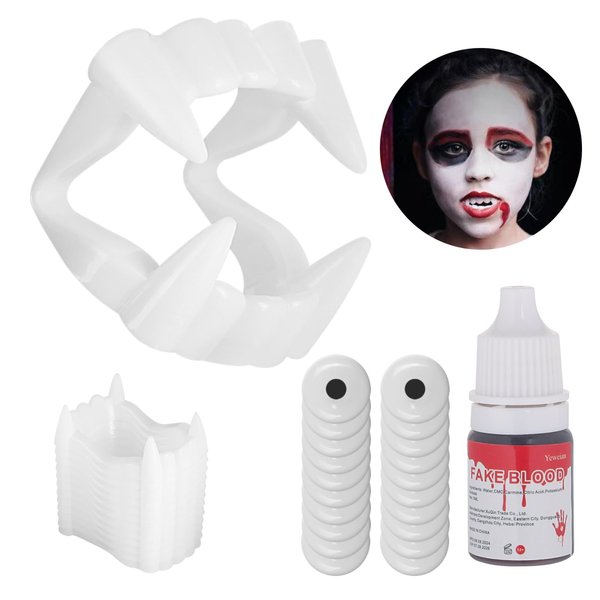 Yeweian Halloween Vampire Teeth Fangs Makeup and Fake Blood Kit,12PCS White Fake Teeth+ Washable Dripping Blood+ 40PCS Plastic Fake Eyes,Vampire Teeth for Kids,SFX Cosplay Makeup, Halloween Decoration