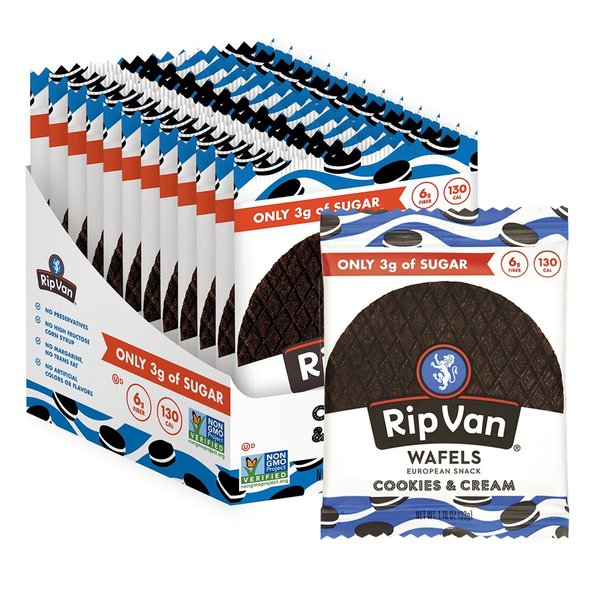 Rip Van Wafels Cookies & Cream Stroopwafels - Healthy Snacks - Non GMO Snack - Keto Friendly - Office Snacks - Low Sugar (3g) - Low Calorie Snack - 12 Pack