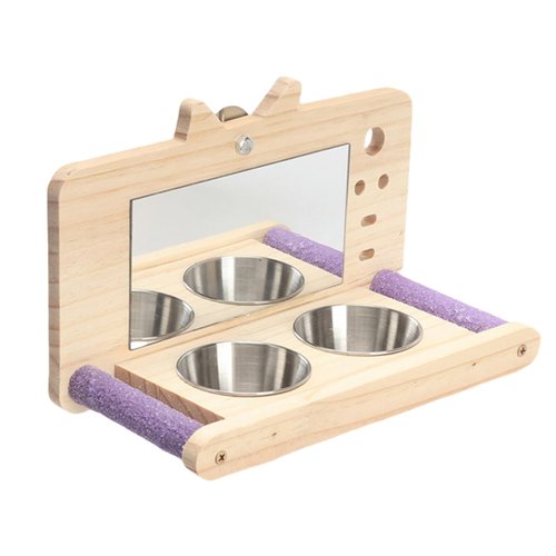 Bird Toy Parrot Perch with Mirror and Feeding Cups Parrot Cage Swing Wooden Mirror Fun Play Toy for Lovebird Parakeets Conures Cockatiels