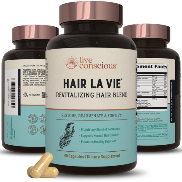 Live Conscious Hair La Vie Revitalizing Blend Hair Growth Vitamins for Women to Support Health of Hair - Supplements w/Biotin, Collagen & Saw Palmetto for Thick, Full Hair - 60 Caps