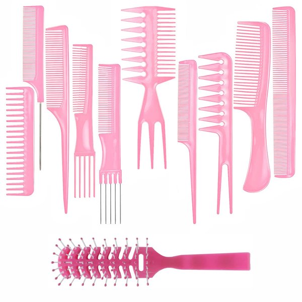 AC063 (10 Hair Combs, 1 Vented Hair Brush) - Natural Hair & Wig Accessory Bundle in AC-PINK