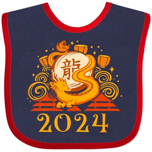 inktastic 2024 Chinese New Year Dragon Baby Bib Navy and Red 42eff