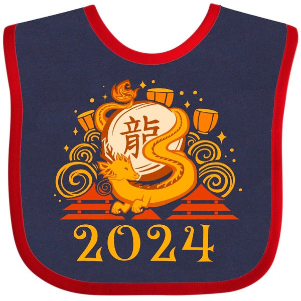 inktastic 2024 Chinese New Year Dragon Baby Bib Navy and Red 42eff