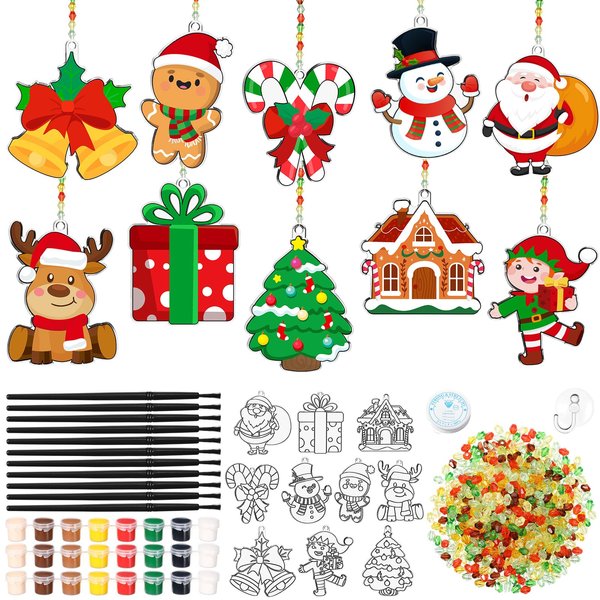 Dunzoom 30 Set Christmas Craft Kit Suncatchers Kit Christmas Tree Santa Gingerbread DIY Suncatchers Craft Kit Make Your Own Suncatcher Paint Sun Catcher Ornaments for Xmas Art Craft Painting Activity