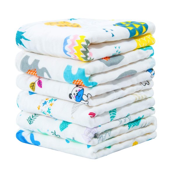 NTBAY 6 Pack Baby Muslin Washcloths, 6 Layers Natural Cotton Newborn Baby Face Towel with Animals Printed Design, Soft and Breathable Reusable Wipes and Shower Gift for Baby Registry, 10x10 inches