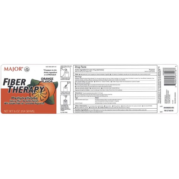Major Fiber Therapy Easy to Mix Non-Gritty Texture Orange Flavor Methylcellulose 100% Soluble Fiber for Controlled Regularity - 16 Oz