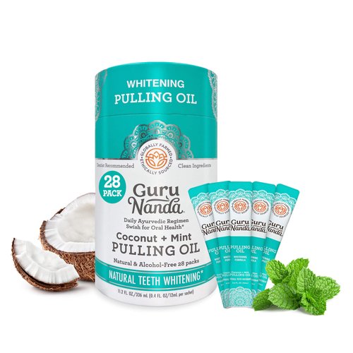 GuruNanda Oil Pulling Travel Sachets (Pack of 28) - 100% Pure Blend of Coconut & 7 Essential Oils with Vitamins - Supports Fresh Breath & Oral Health