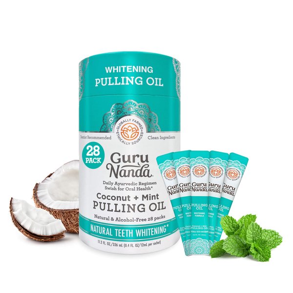 GuruNanda Oil Pulling Travel Sachets (Pack of 28) - 100% Pure Blend of Coconut & 7 Essential Oils with Vitamins - Supports Fresh Breath & Oral Health