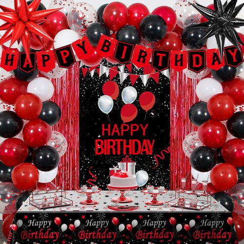 Red Birthday Decorations for Men Women, 80 PCS Red and Black Party Decorations for Boys Girls Happy Birthday Decorations Door Banner, Tablecloth Foil Backdrop Star Balloons for Men Bday Party Supplies