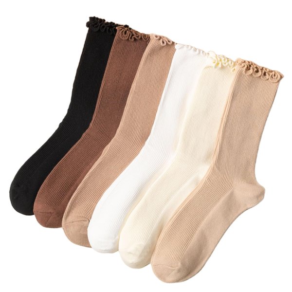 MarJunSep Women's Cute Ruffle Frilly Socks Neutral Thin Cotton Knit Crew Socks Ribbed Slouch Lettuce loafer Socks 6 Pairs