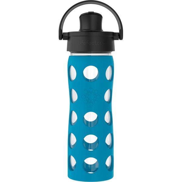 Lifefactory 16-Ounce Glass Water Bottle with Active Flip Cap and Protective Silicone Sleeve, Teal Lake