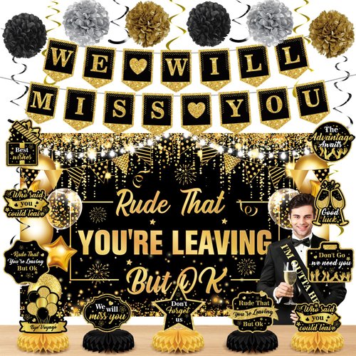 Farewell Party Decorations Black Gold We Will Miss You Banner Honeycomb Centerpiece Rude That You're Leaving But Ok Backdrop Hanging Swirls for Coworker Goodbye Retirement Going Away Party Supplies