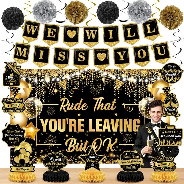 Farewell Party Decorations Black Gold We Will Miss You Banner Honeycomb Centerpiece Rude That You're Leaving But Ok Backdrop Hanging Swirls for Coworker Goodbye Retirement Going Away Party Supplies