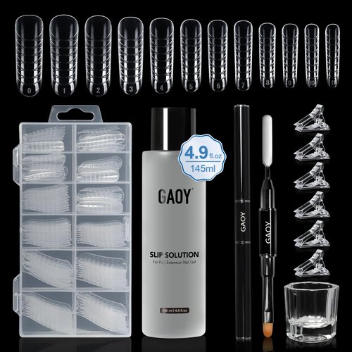GAOY Slip Solution Kit for Poly Gel Nails, 145ml Nail Extension Gel Liquid Solution, Anti-stick Gel Solution with Brush and Dual Forms for Nail Art DIY