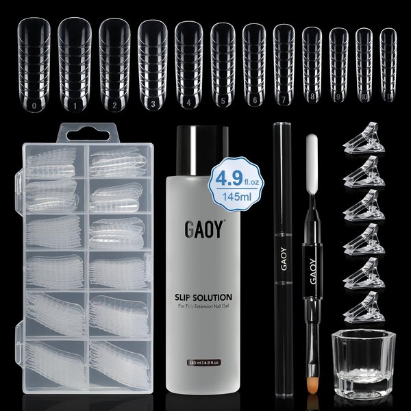 GAOY Slip Solution Kit for Poly Gel Nails, 145ml Nail Extension Gel Liquid Solution, Anti-stick Gel Solution with Brush and Dual Forms for Nail Art DIY