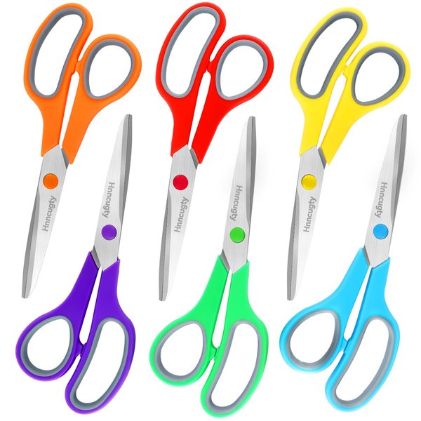 Scissors, Hnncugty 8" Scissors All Purpose Bulk Set of 6-Pack, Sharp Scissors for Office Home School Teacher Student Adult Kids Scissors Sewing Fabric Craft Supplies, Comfort Grip, Right/Left Handed