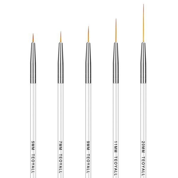 TEOYALL Fine Liner Brush, Nail Art Striping Brushes 5/7/9/11/20mm Thin Line Nail Brush Detail Drawing Brush Gel Nail Polish Brush