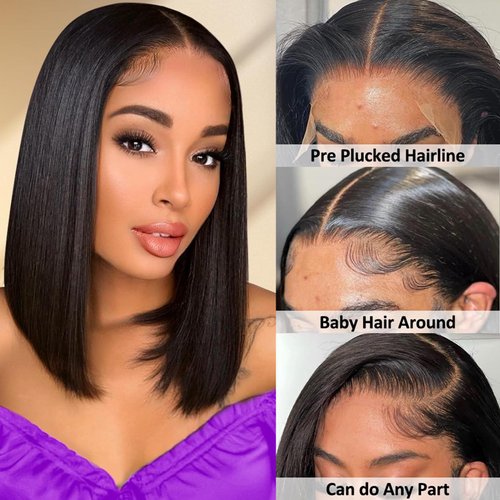 DXFZPGS Bob Wig Human Hair 13x6 Frontal Lace Wig HD Transparent Lace Front Wigs Human Hair 180% Density Straight Short Human Hair Wigs for Black Women Glueless Wigs Pre Plucked Blunt Cut Wig 12 Inch