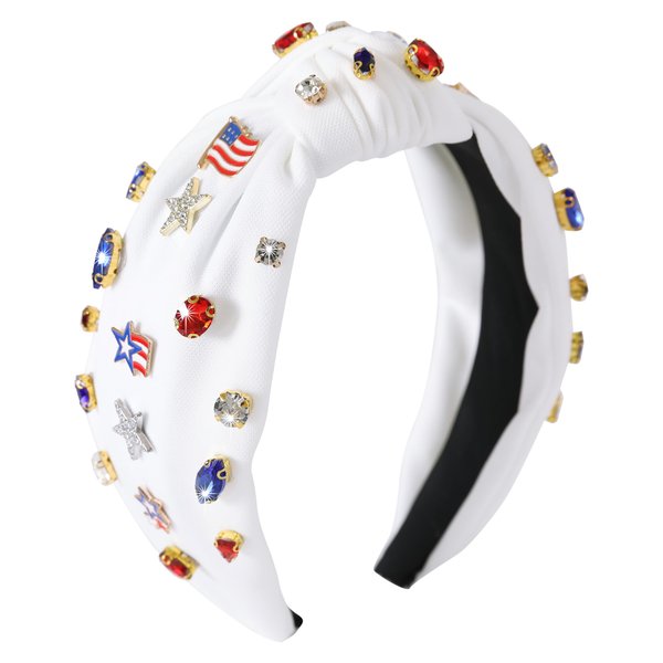 Gmmidea 4th of July Headband for Women Girls American Flag Jeweled Knotted Headband Rhinestone Star Flag Patriotic Headband Wide Top Cute Independence Day Hair Band A-White