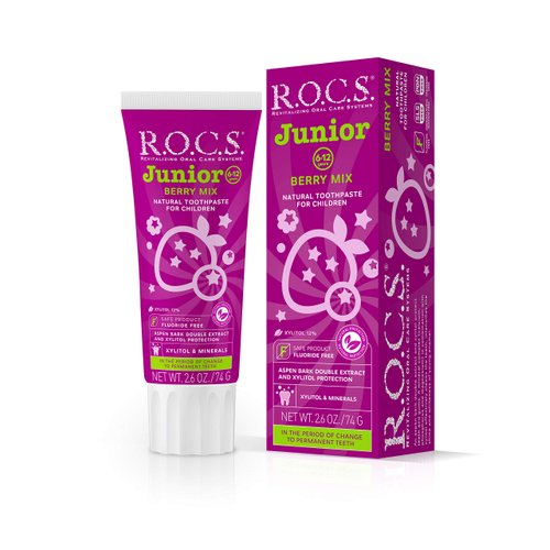 R.O.C.S. Junior Toothpaste - Enamel Whitening Teeth Gum Protection - for Children 6-12 Years Old - Safe to Swallow - Natural, No Fluoride or Sulfate (Berry Mix, Pack of 1)