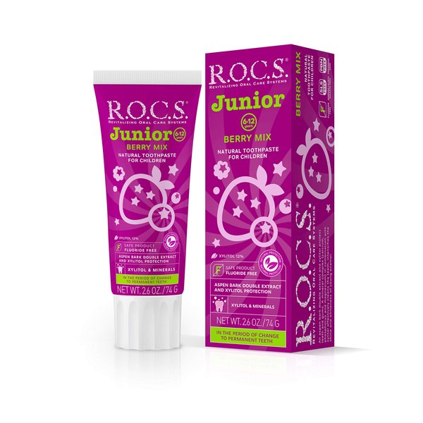 R.O.C.S. Junior Toothpaste - Enamel Whitening Teeth Gum Protection - for Children 6-12 Years Old - Safe to Swallow - Natural, No Fluoride or Sulfate (Berry Mix, Pack of 1)