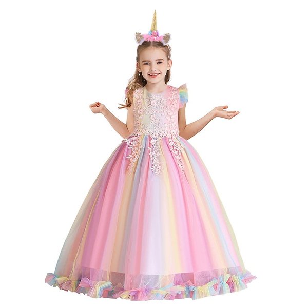 NEWEPIE Girls Unicorn Rainbow Birthday Ruffle Tulle Dress Princess Pageant Dance Gown Christmas Party Halloween Costume w/Headband 5-6T