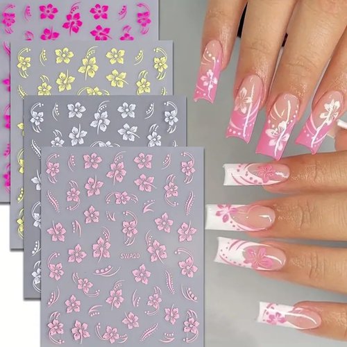 8PCS Hibiscus Flower Nail Art Stickers Summer Flowers Nail Decals Hot Pink Yellow White Pink 3D Self-Adhesive Hawaiian Hibiscus Flower Nail Art Designs Supplies for Women Girls Nail Art Decorations