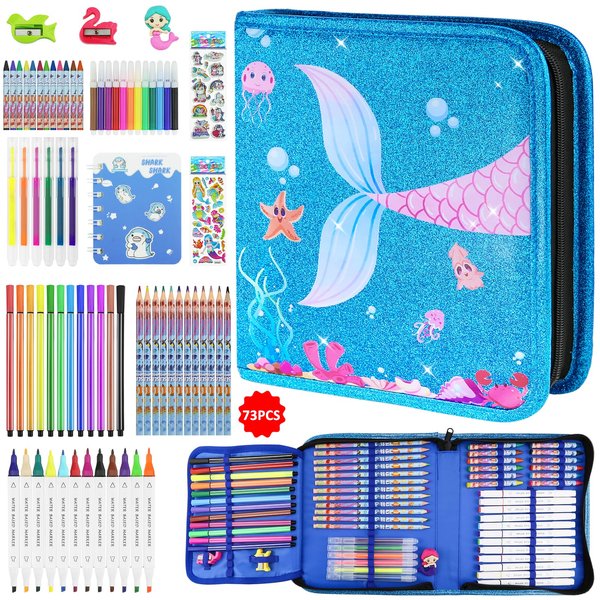 JAMIEWIN Markers Set with Glitter Mermaid Pencil Case, 73 Pcs Art and Craft Supplies Kit for Kids, Mermaid Gifts for Girls 4-9 Year Old for Christmas Birthday