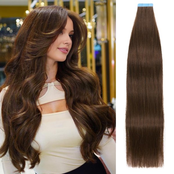 LADY MIRANDA Tape in Hair Extensions Human Hair 100% Remy Hair Dark Brown Hair Extensions 20 Inch 20 Pcs 50g/pack Tape in Hair Extensions Long Lasting Tape in Extensions (2#, 20 Inch)