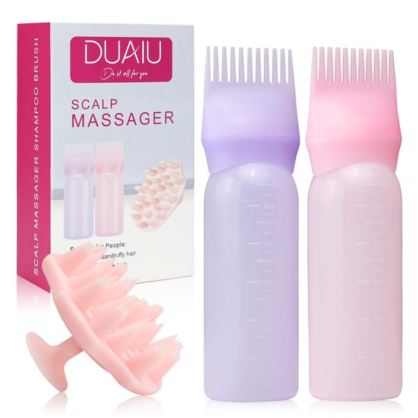 DUAIU Scalp Massage Brush with 2Pcs Root Comb Applicator Bottle, Silicone Massager Hair Oil Applicator Bottles Set for Scalp, Shampoo Scrubber Applicator for Hair Dye and Hair Care Tools