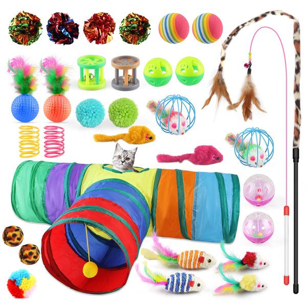 Oziral Cat Toys Set 32 PCS Kitten Toys Assortments Including 3 Way Tunnel Cat Feather Teaser Wand Sisal Mice Bell Balls Crinkle Balls Interactive Cat Toys for Indoor Cats Kitten