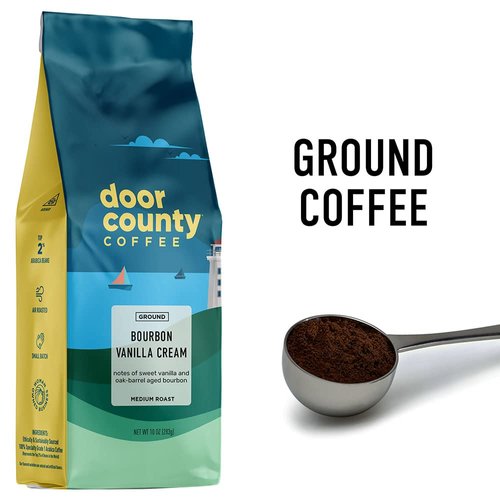Door County Coffee - Bourbon Vanilla Cream, Bourbon Vanilla Cream Flavored Ground Coffee - Medium Roast, 10 oz Bag