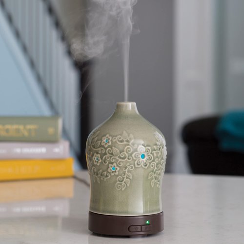 Airome Perennial Medium Ceramic Essential Oil Diffuser|100 mL Humidifying Ultrasonic Aromatherapy Diffuser 8 Colorful LED Lights, Intermittent & Continual Mist, Auto Shut-Off, Green