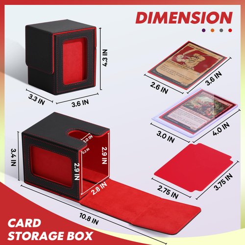 efunkdog Card Deck Box with MTG Commander Display Window, Trading Card Deck Case Holds 100 Double Sleeved Cards, PU Leather Card Storage Box for TCG with 2 Dividers and 1 Toploader (Black&Red)