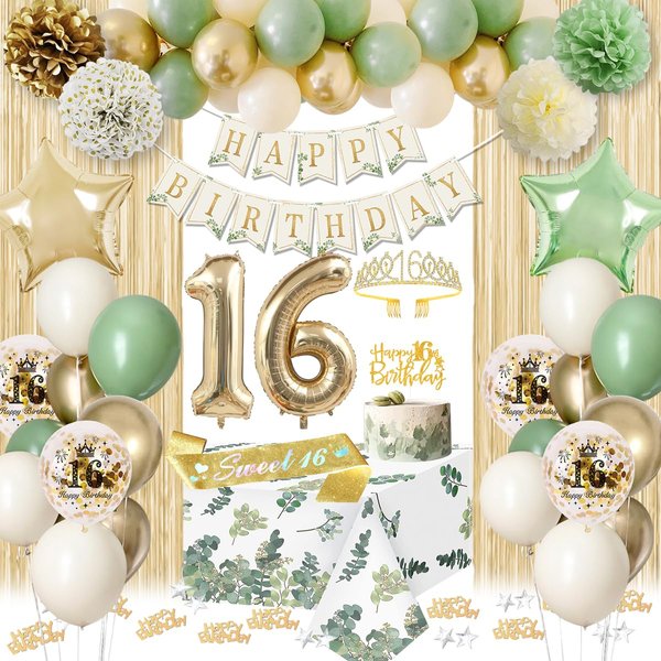Sweet 16 Party Decorations, Sage Green 16th Birthday Decorations for Girls 16th Happy Birthday Banner Birthday Sash Crown Tablecloth Fringe Curtain for Girls Sweet Sixteen Party Decorations 16th Bday