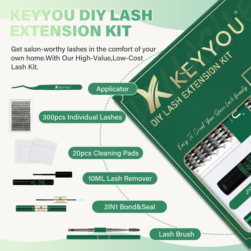 DIY Lash Extension Kit KEYYOU 300Pcs Individual Eyelash Extension Kit 30D 0.07C Curl 9-18MIX Lash Clusters Kit with Lash Glue Remover Applicator Easy to Use for Beginners(Kit-30D-0.07C,9-18MIX)