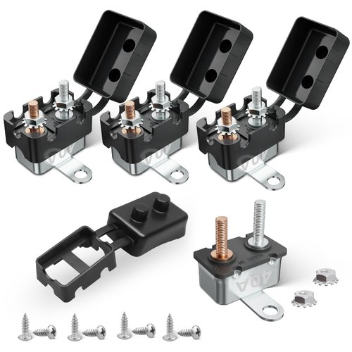 RED WOLF (40A 4PCS) DC 6V-50V Automatic Reset Circuit Breaker #10-32 Stud Bolt Type Circuit Breaker with Metal Fuse Housing Pre-Trimmed Cover Reusable for Boat Marine Trolling Motor RV Battery System