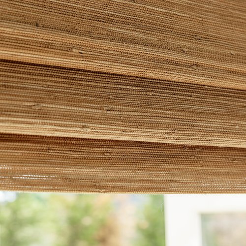 DEJAVU Cordless Bamboo Roman Shades, Blackout Light Filtering Blinds for Indoor Windows, Natural Woven Shades With Valance for Patio, Doors, Easy to Install, Pecan Color