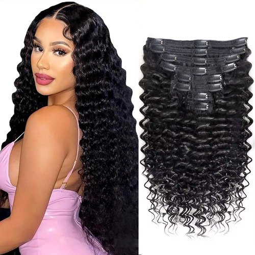 Cecycocy Deep Wave Clip in Hair Extensions Human Hair for Black Women - 8Pcs 18Clips Double Weft Brazilian Remy Human Hair Deep Wave Clip in Extensions Thick to Ends 120G/4.2oz Natural Black(22inch)