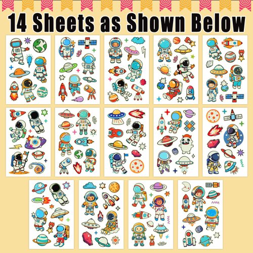 Partywind Glow Space Tattoos for Kids, 150 Styles Luminous Spaceship Planets Astronaut Fake Tattoo Stickers for Space Birthday Party Supplies, Cute Goodie Bag Stuffers for Boys