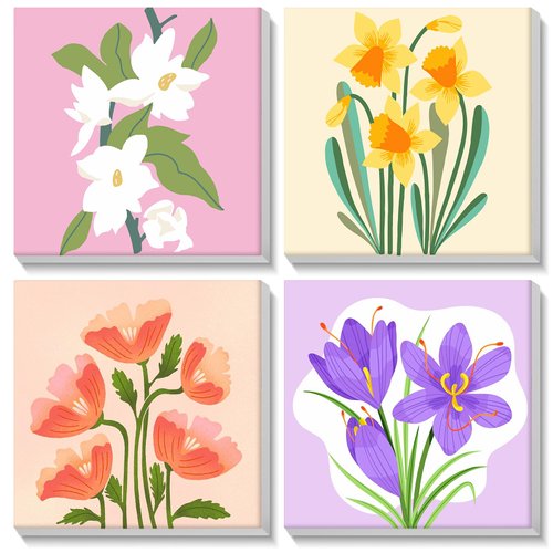 MISCER 4 Pack Paint by Numbers for Adults Beginner, Flowers Paint by Number Kits for Kids, DIY Acrylic Oil Painting Suitable for Home Decoration (8x8inch)