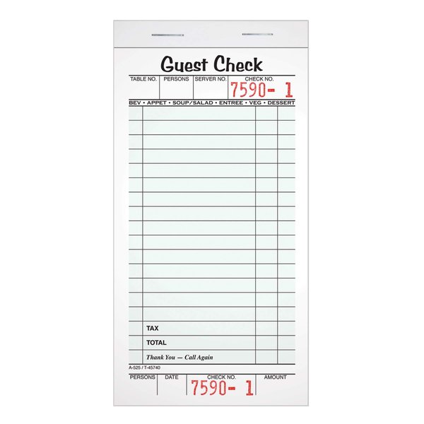 Adams Guest Check Pads, Single Part, Perforated Guest Receipt, 3-2/5" x 6-1/4", 50 Sheets per Pad, 10 Pack (525SW), White