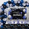 Blue and Black Birthday Decorations for Men Women, 62PCS Happy Birthday Decorations for Boys Girls, Black Blue Silver Birthday Party Supplies Birthday Banner Balloons Arch Kit Tablecloth Foil Curtains