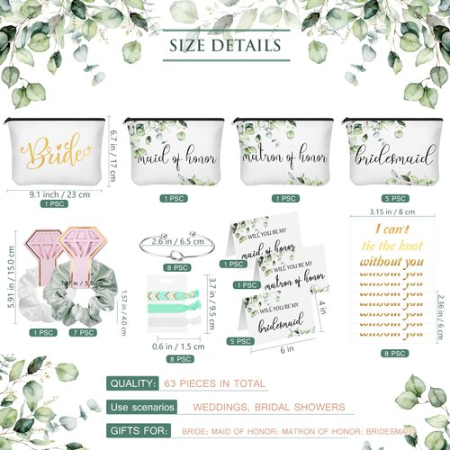 63 Pcs Bridesmaid Proposal Gift Sets Maid of Honor Matron of Honor Bride Gifts Bridal Shower Cosmetic Makeup Bags Scrunchies Hair Knotted Bracelets Invitation Cards for Wedding (Green Leaves)