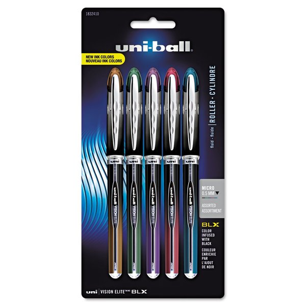 Uniball Vision Elite BLX Rollerball Pens, Assorted Pens Pack of 5, Micro Pens with 0.5mm Ink