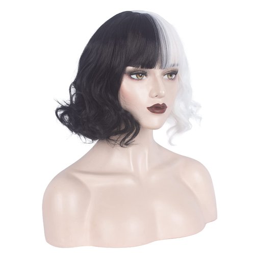 WeKen Cruella Devil Costume Wig for Women Half Black and White Short Wavy Curly Synthetic Wigs for Halloween Christmas Carnival Party