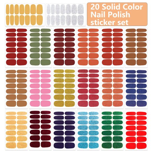 WOKOTO 20 Sheets Nail Polish Strips with Nail File Set Glitter Solid and Simple Solid Nail Polish Wraps Nail Stickers Full Nail Wraps for Women Nails Art Self Adhesive Decals Gel Nail Strips Wraps