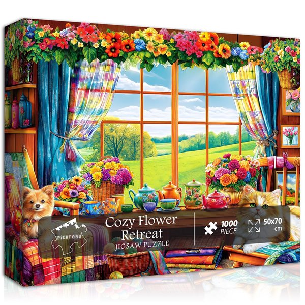 Flower Garden Puzzle for Adults 1000 Pieces, PICKFORU Nature Puzzle Features Flowers Teacups, Quilt, Dog Cat Puzzle, Spring Plant Floral Puzzle Challenging