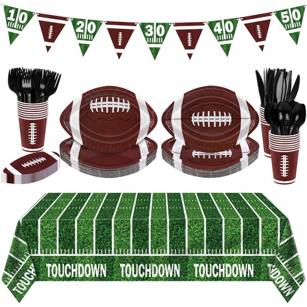 durony 146 Pcs Football Party Supplies Kit Serve 24 Disposable Thick Paper Plates Napkins Cups Cutlery Touchdown Tablecloth Banner for Super Bowl Game Day Theme Birthday Tailgate Party Decorations