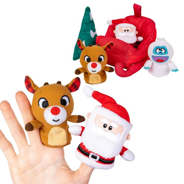 KIDS PREFERRED Christmas Rudolph The Red-Nosed Reindeer Finger Puppet Playset with Sleigh, 5 Pieces, Christmas Stuffed Animal Plush Toys, Finger Hands Party Toys (23133)